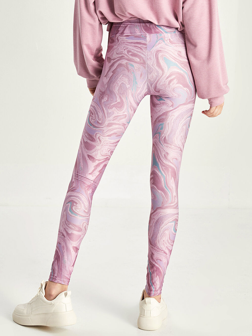 Pembe Beli Lastikli Desenli Kadın Spor Tayt-4