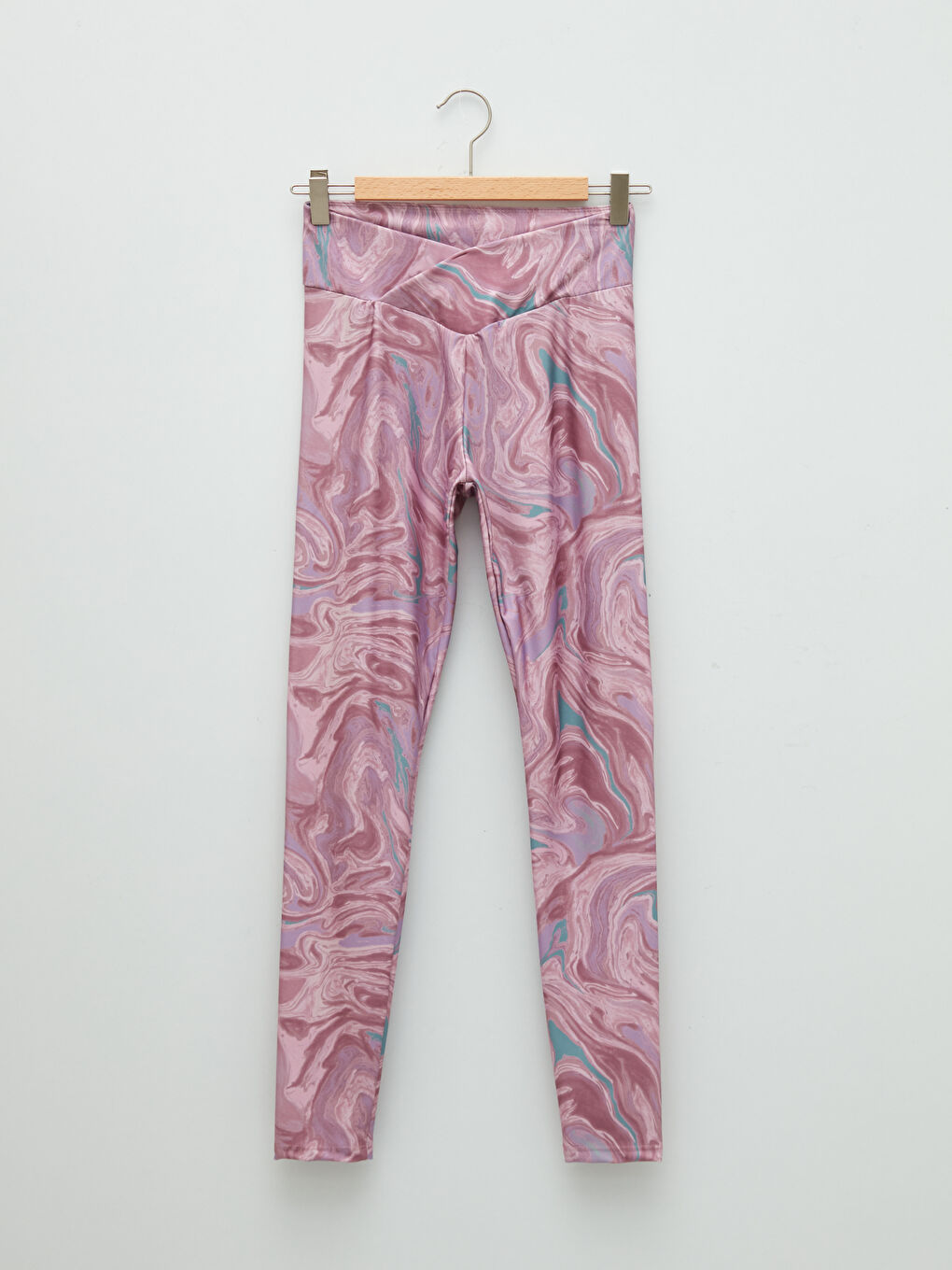 Pembe Beli Lastikli Desenli Kadın Spor Tayt-5