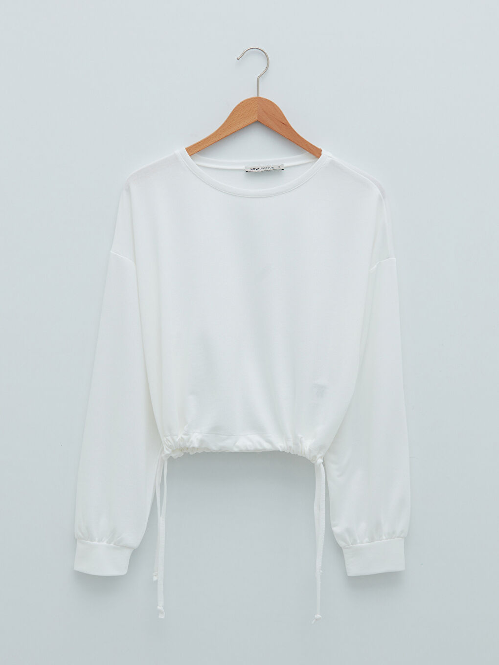 Ekru Bisiklet Yaka Düz Uzun Kollu Kadın Spor Sweatshirt-4