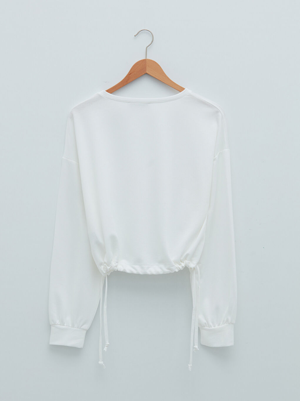 Ekru Bisiklet Yaka Düz Uzun Kollu Kadın Spor Sweatshirt-5