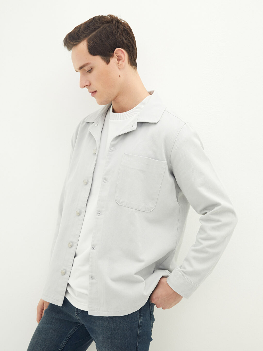 Gri Slim Fit Uzun Kollu Erkek Jean Gömlek