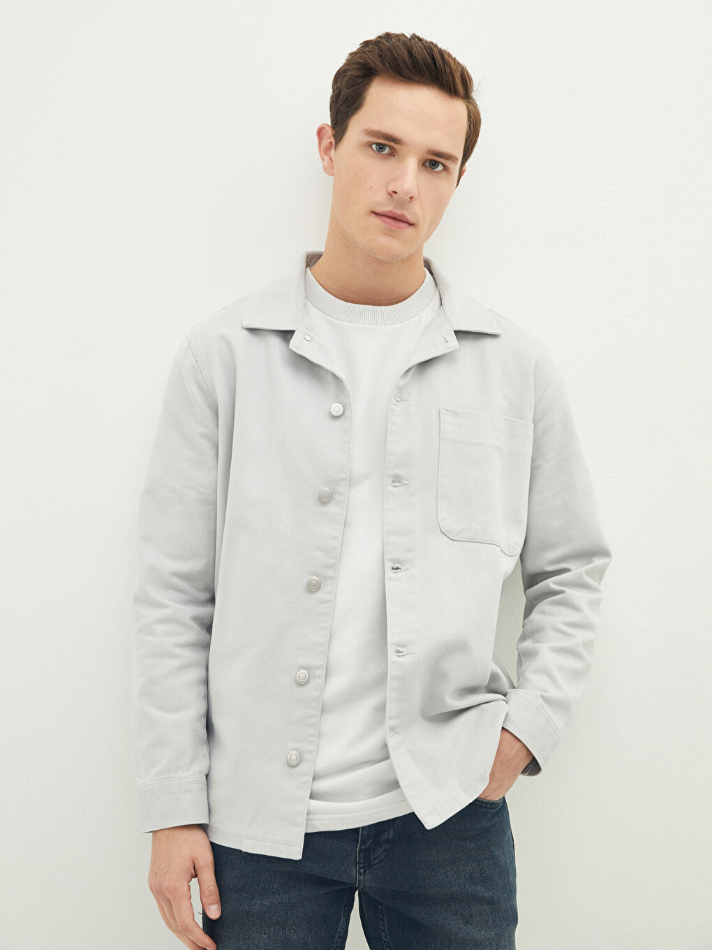 Gri Slim Fit Uzun Kollu Erkek Jean Gömlek-1