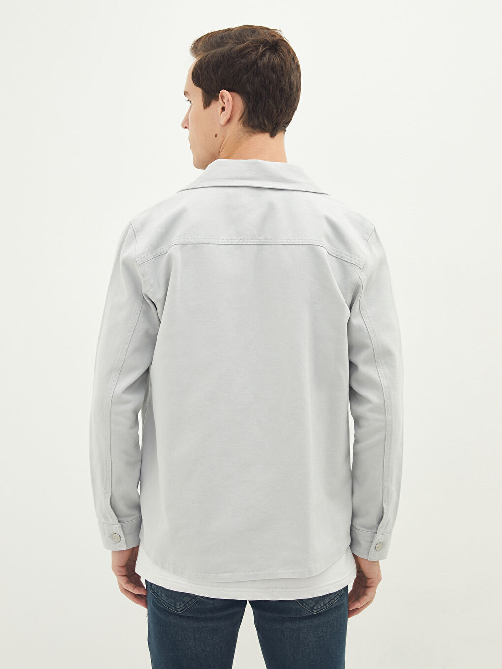Gri Slim Fit Uzun Kollu Erkek Jean Gömlek-4
