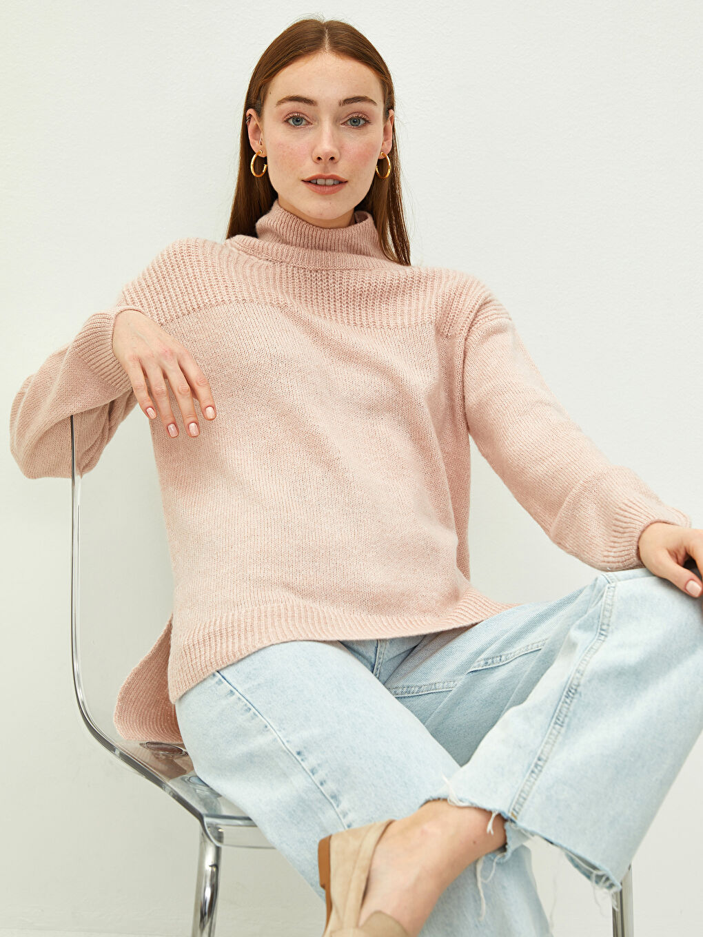 Pembe Balıkçı Yaka Düz Uzun Kollu Kadın Triko Kazak-5