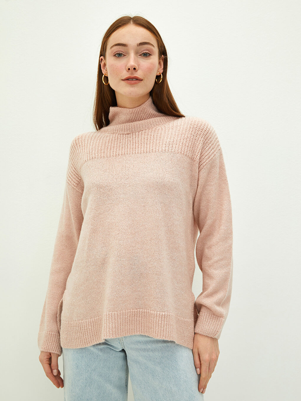 Pembe Balıkçı Yaka Düz Uzun Kollu Kadın Triko Kazak-6