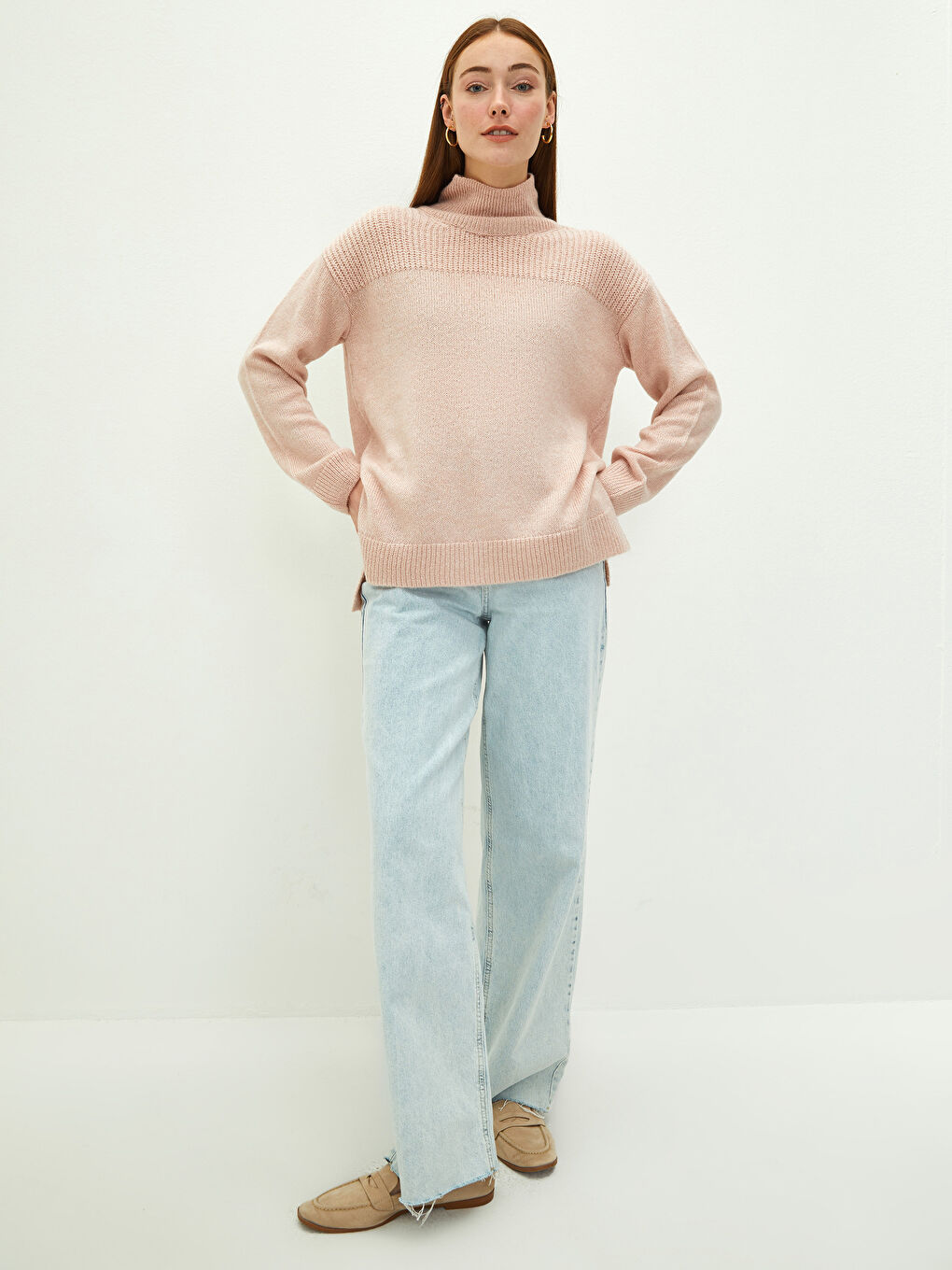 Pembe Balıkçı Yaka Düz Uzun Kollu Kadın Triko Kazak-8