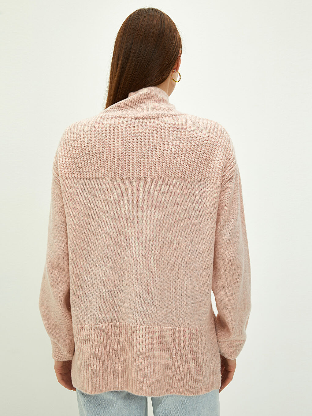 Pembe Balıkçı Yaka Düz Uzun Kollu Kadın Triko Kazak-9