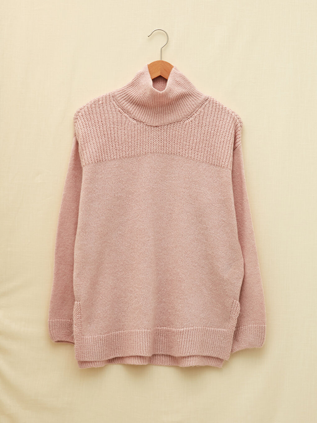 Pembe Balıkçı Yaka Düz Uzun Kollu Kadın Triko Kazak-10