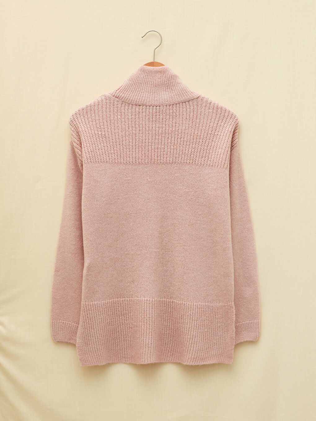 Pembe Balıkçı Yaka Düz Uzun Kollu Kadın Triko Kazak-11