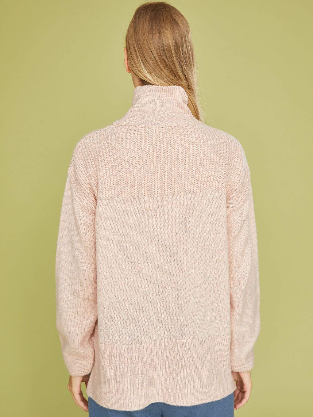 Pembe Balıkçı Yaka Düz Uzun Kollu Kadın Triko Kazak-4