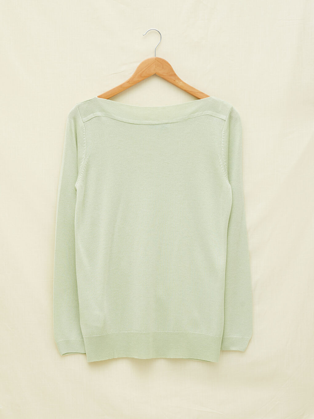 Yeşil Kayık Yaka Düz Uzun Kollu Kadın Triko Kazak-12