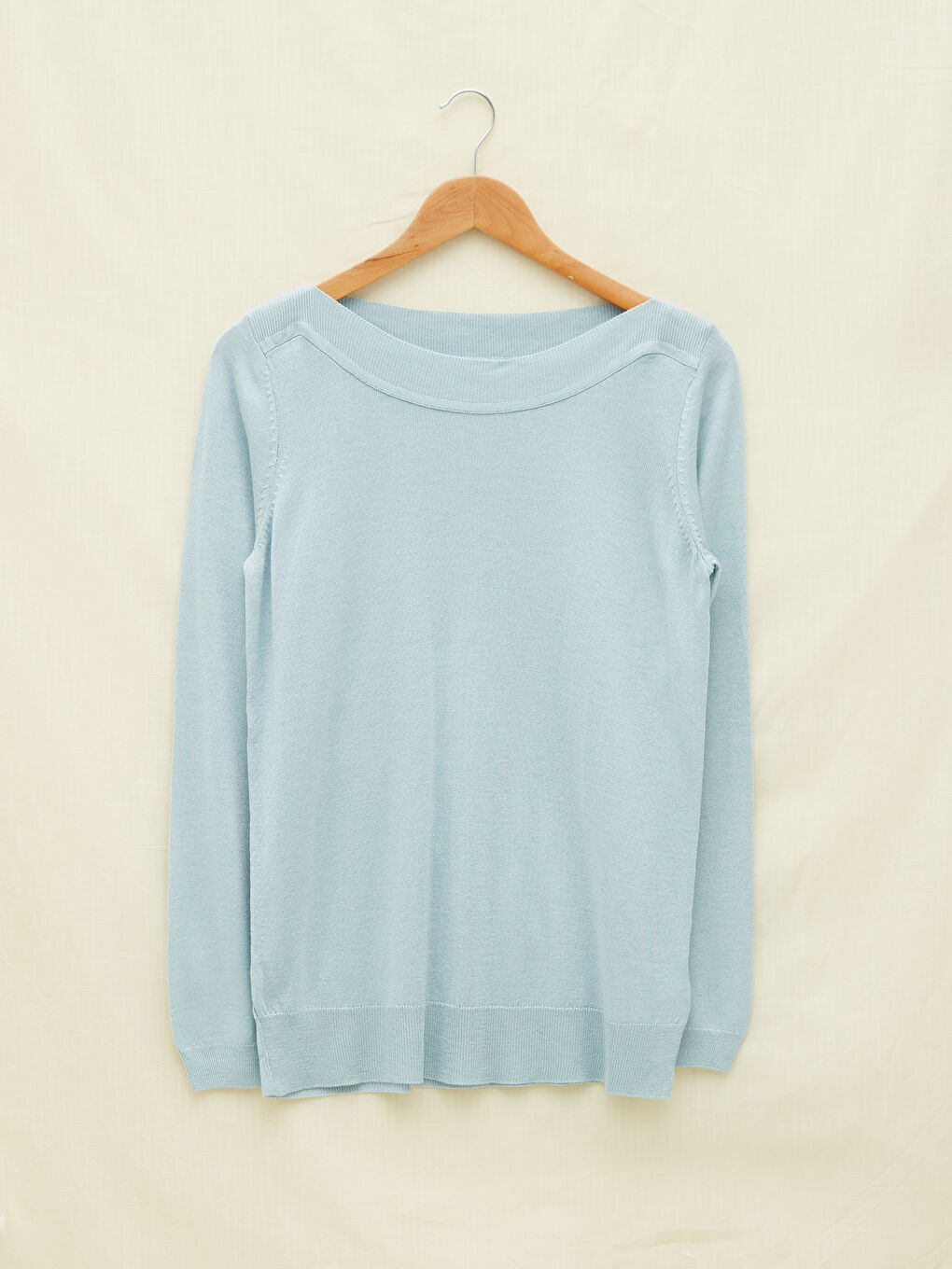 Mavi Kayık Yaka Düz Uzun Kollu Kadın Triko Kazak-10