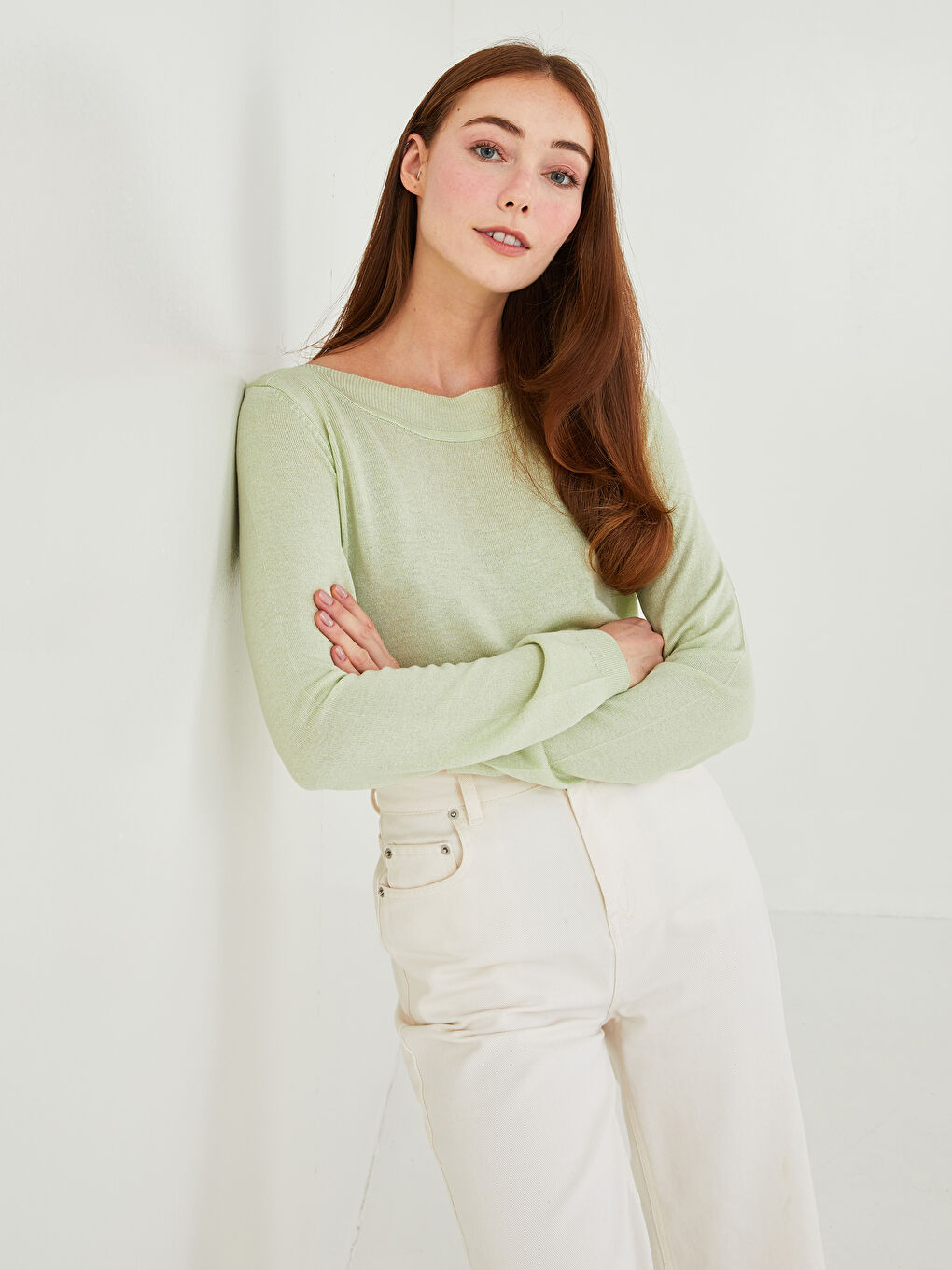 Yeşil Kayık Yaka Düz Uzun Kollu Kadın Triko Kazak-6