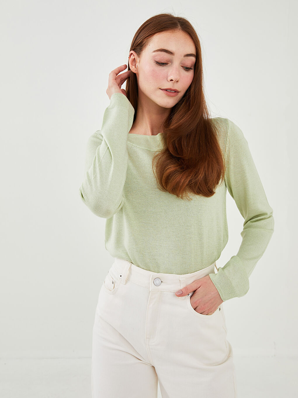 Yeşil Kayık Yaka Düz Uzun Kollu Kadın Triko Kazak-7