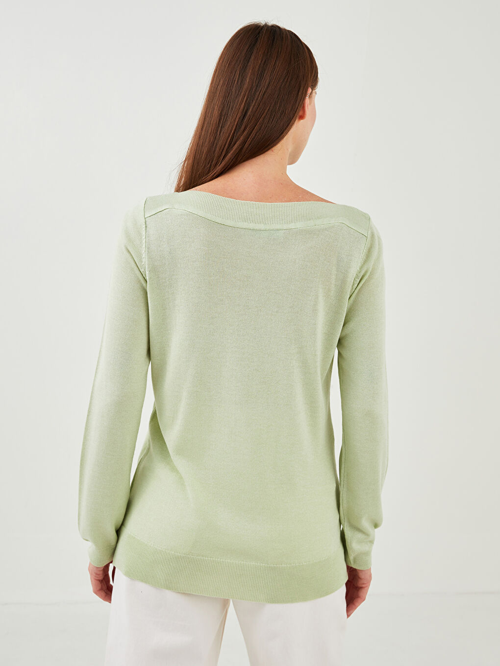 Yeşil Kayık Yaka Düz Uzun Kollu Kadın Triko Kazak-10