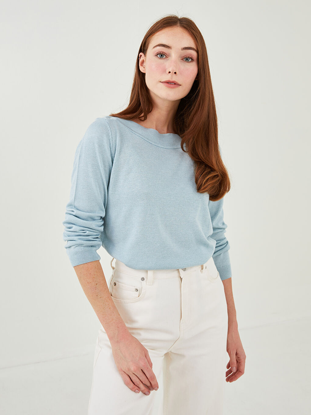 Mavi Kayık Yaka Düz Uzun Kollu Kadın Triko Kazak-5