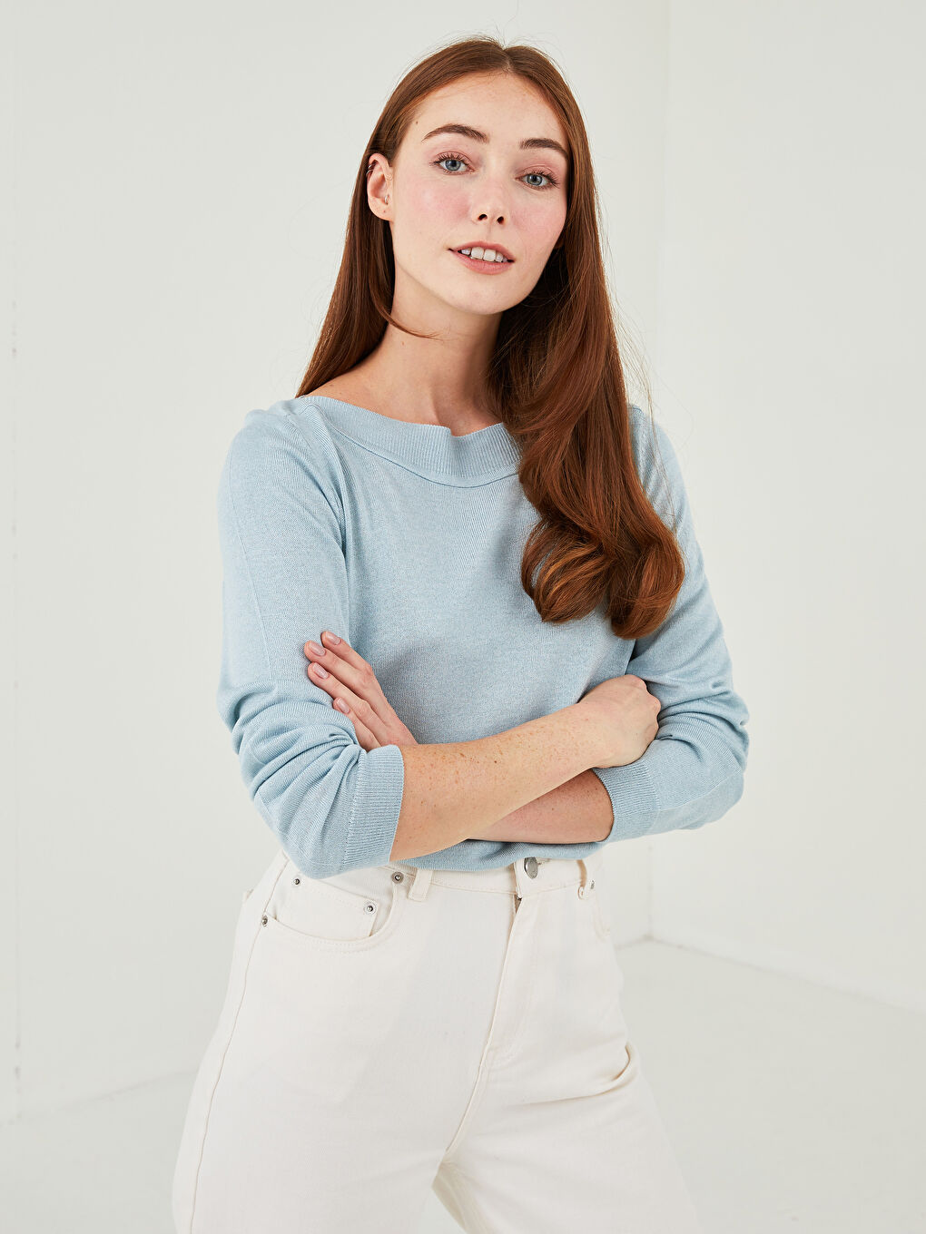 Mavi Kayık Yaka Düz Uzun Kollu Kadın Triko Kazak-6