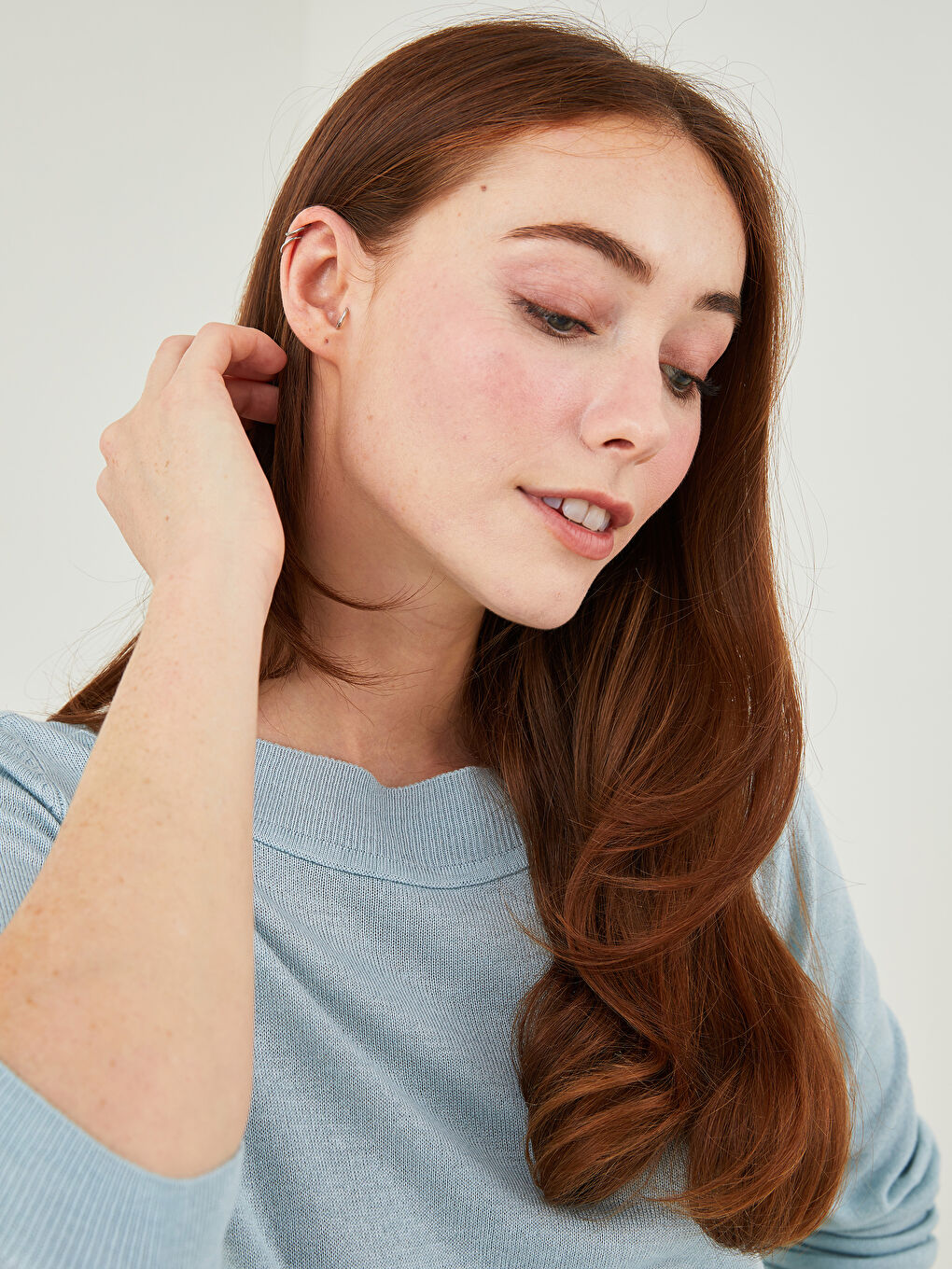 Mavi Kayık Yaka Düz Uzun Kollu Kadın Triko Kazak-7