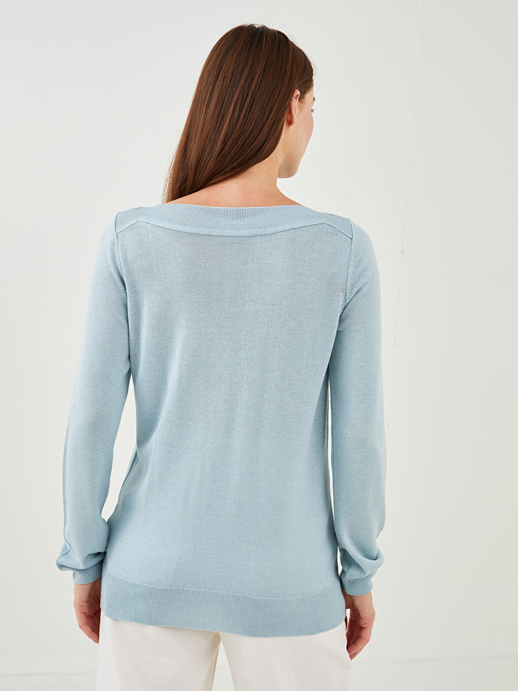 Mavi Kayık Yaka Düz Uzun Kollu Kadın Triko Kazak-9