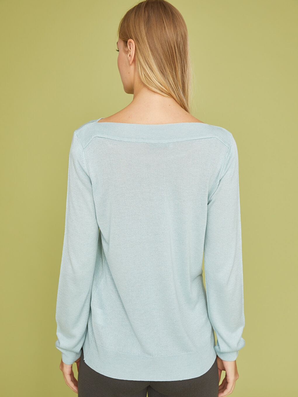 Mavi Kayık Yaka Düz Uzun Kollu Kadın Triko Kazak-4