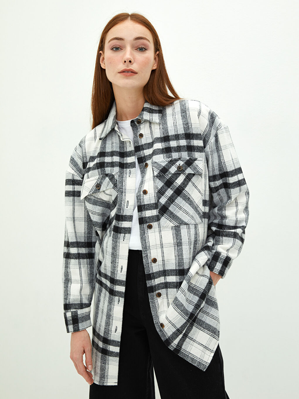 LCW Modest Plaid Long Sleeve Oversize Flannel Women's Shirt Tunic -W1HA02Z8-LKX