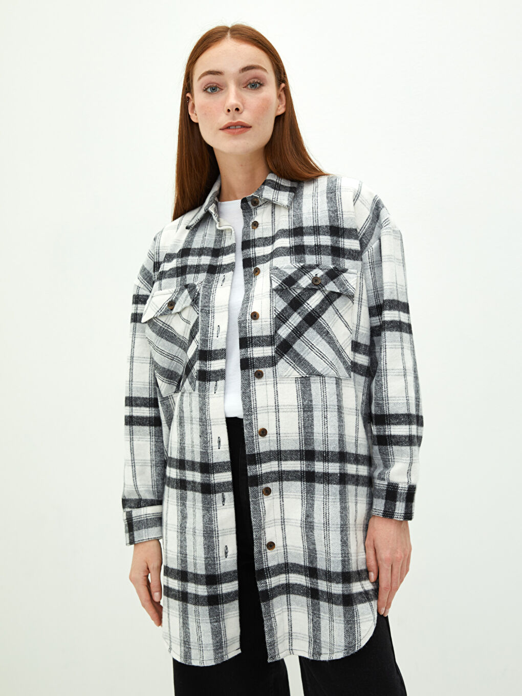 LCW Modest Plaid Long Sleeve Oversize Flannel Women's Shirt Tunic -W1HA02Z8-LKX