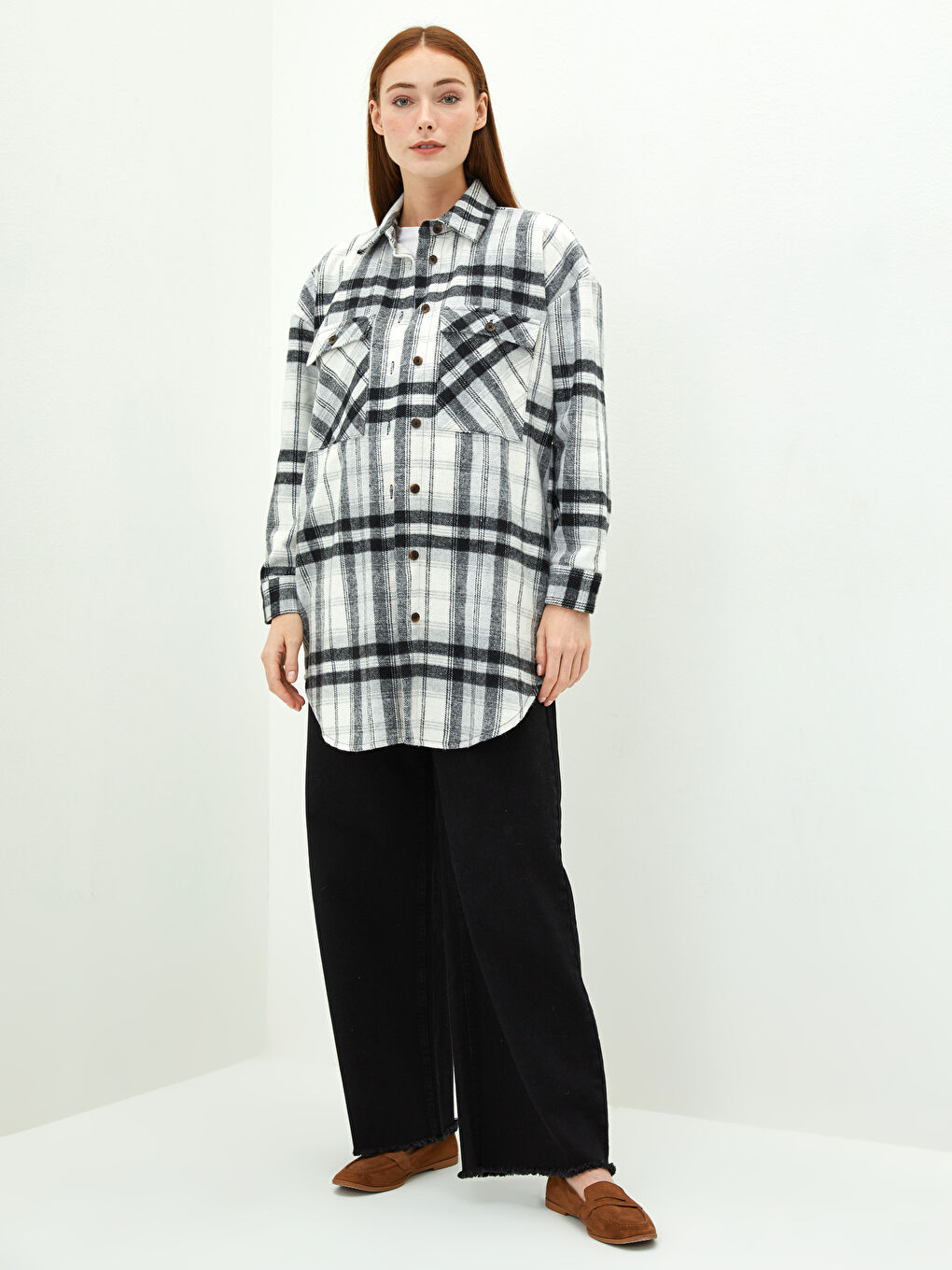 LCW Modest Plaid Long Sleeve Oversize Flannel Women's Shirt Tunic -W1HA02Z8-LKX