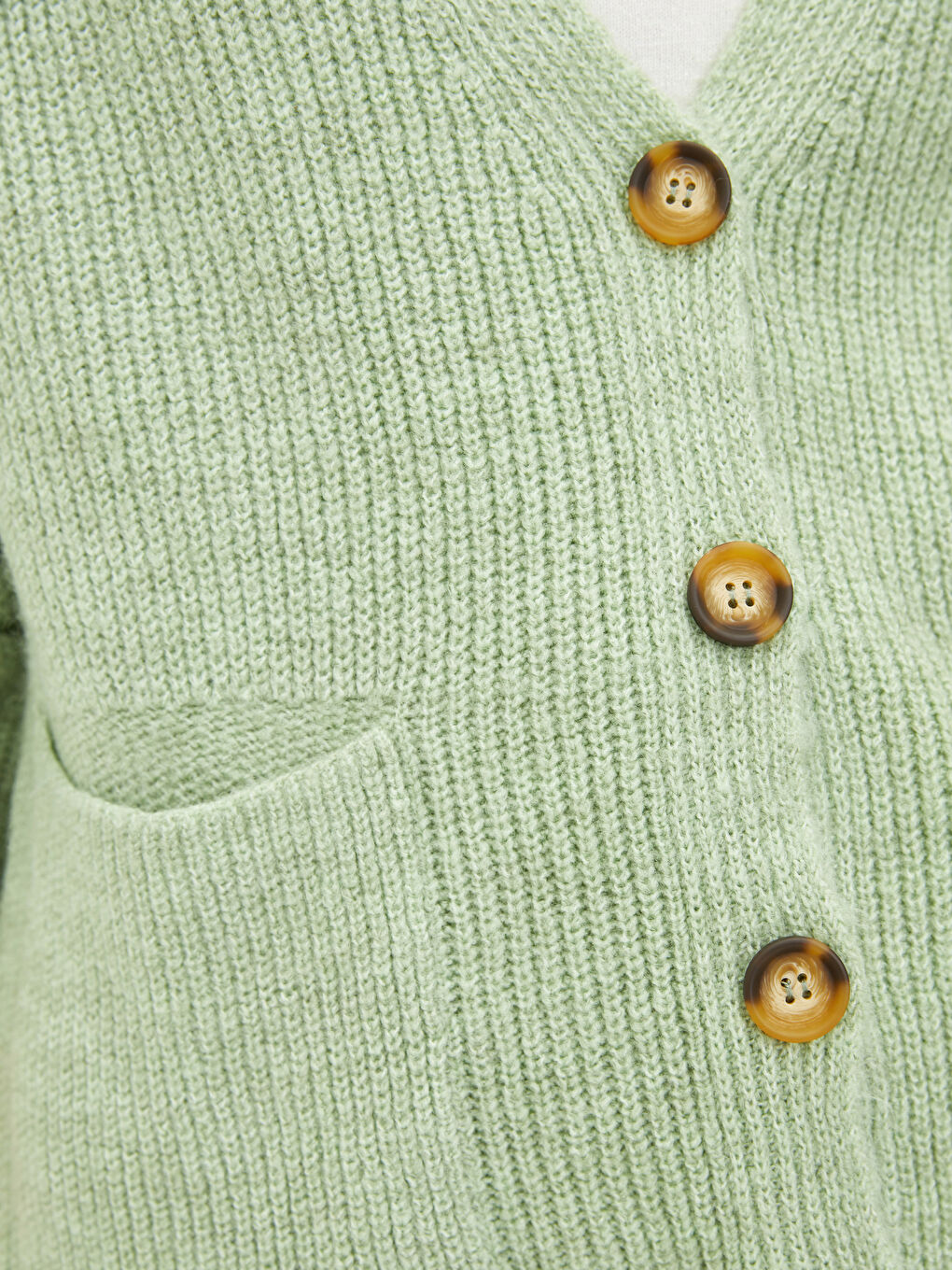 Yeşil V Yaka Düz Uzun Kollu Cep Detaylı Kadın Triko Hırka-3