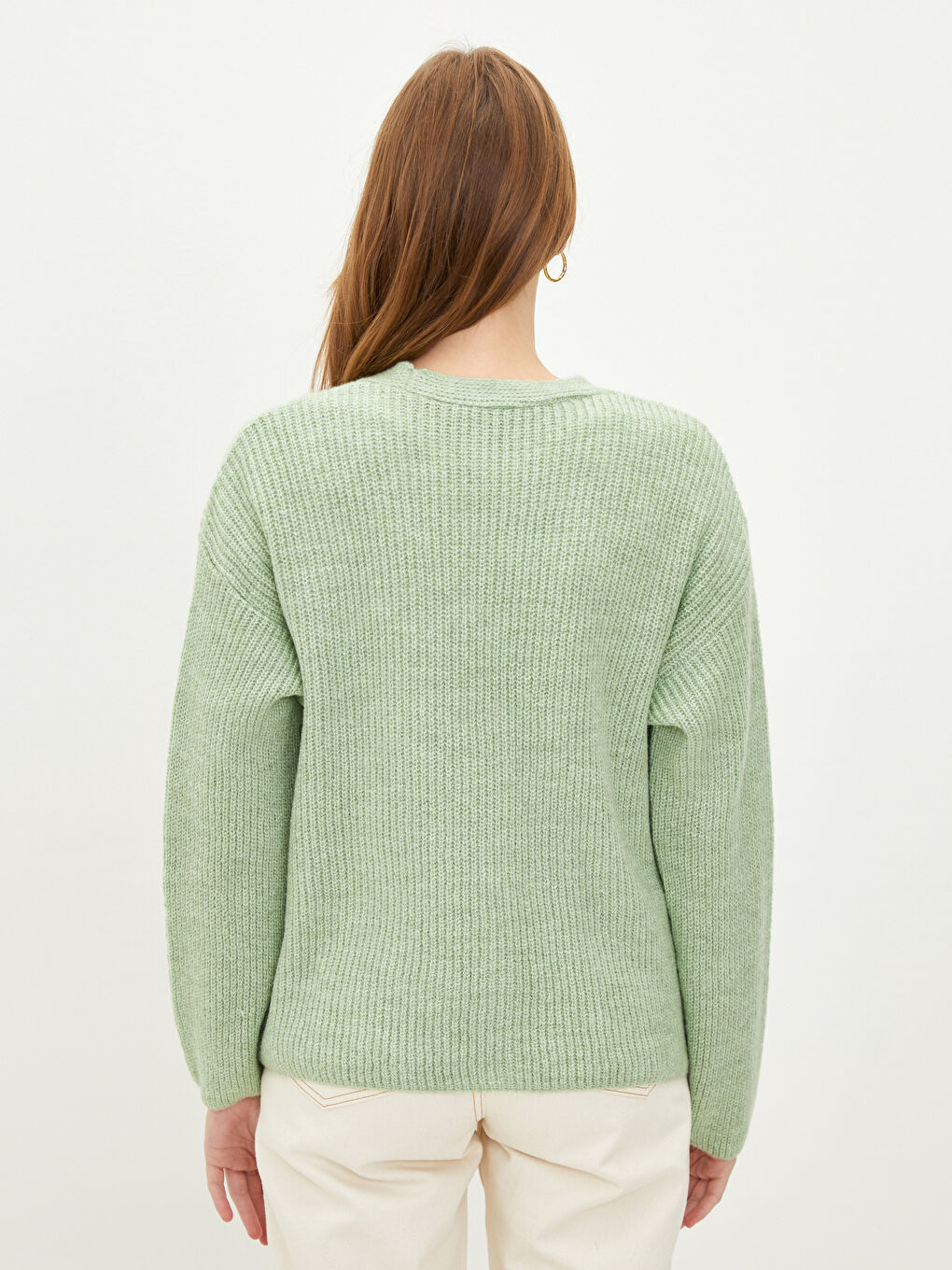 Yeşil V Yaka Düz Uzun Kollu Cep Detaylı Kadın Triko Hırka-4