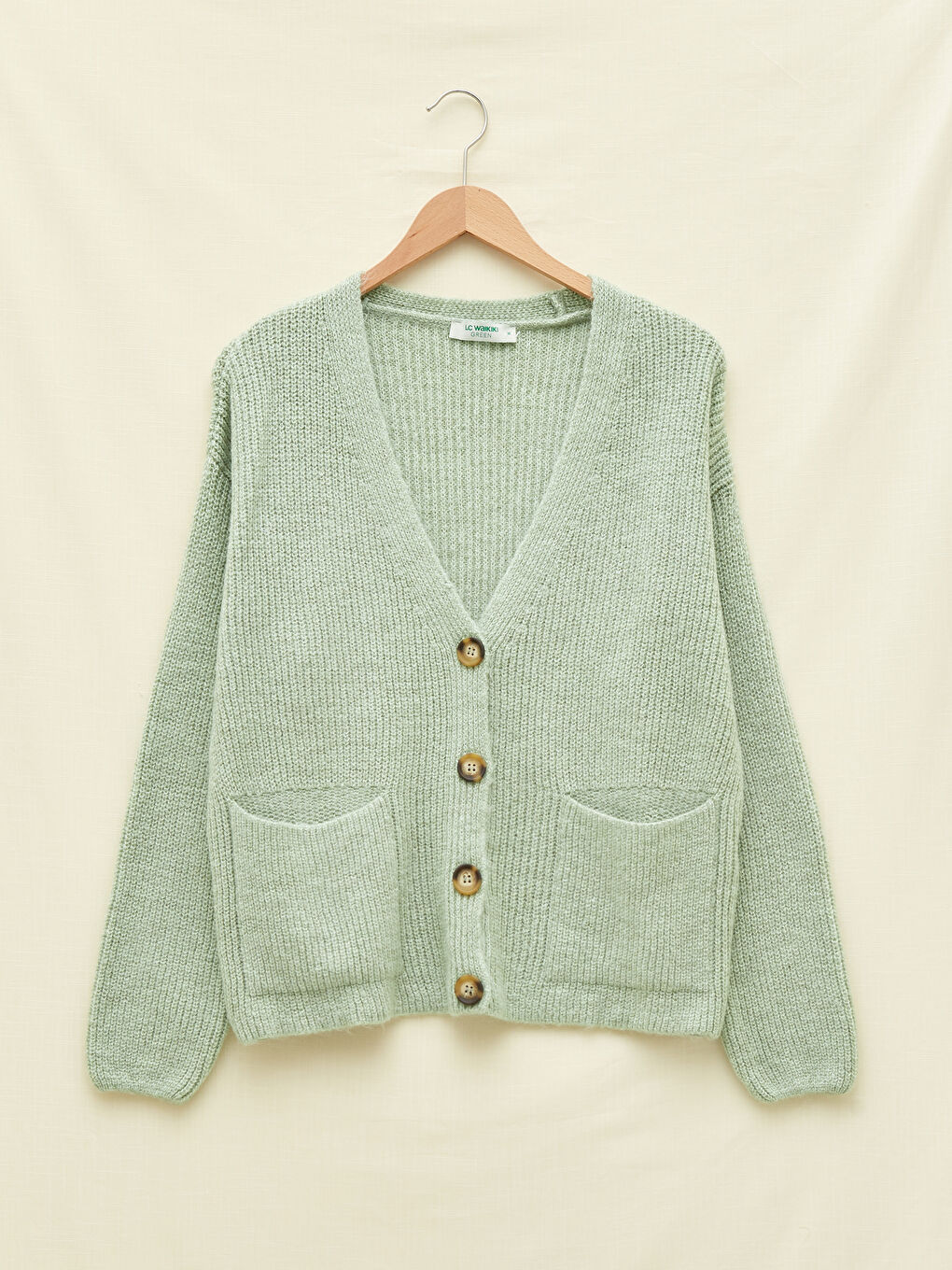 Yeşil V Yaka Düz Uzun Kollu Cep Detaylı Kadın Triko Hırka-11