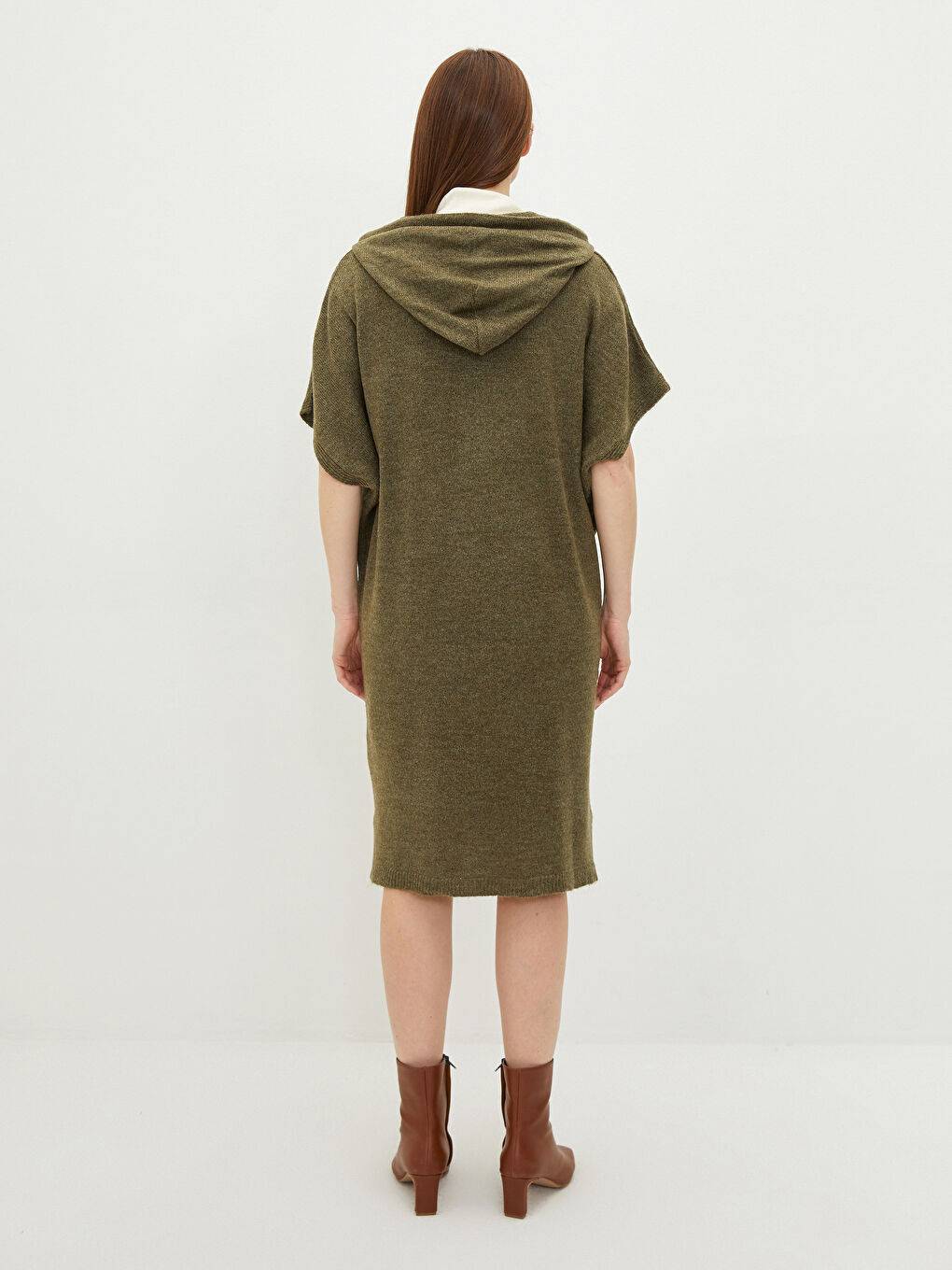 Yeşil Kapüşonlu Düz Kısa Kollu Kadın Triko Elbise-8