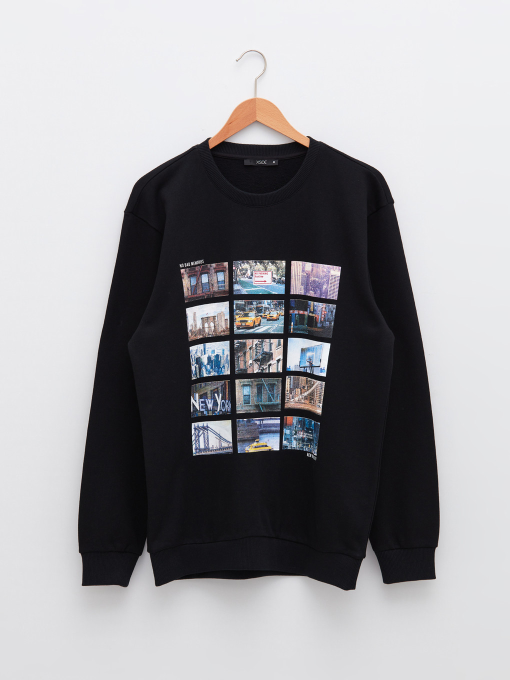 Siyah Bisiklet Yaka Uzun Kollu Baskılı Erkek Sweatshirt