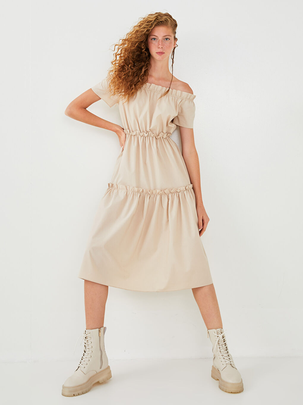 Boat Neck Ruffle Detailed Short Sleeve Women's Dress