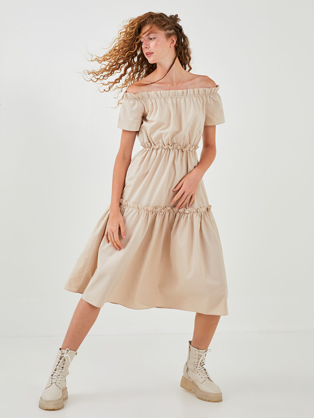 Boat Neck Ruffle Detailed Short Sleeve Women's Dress-1