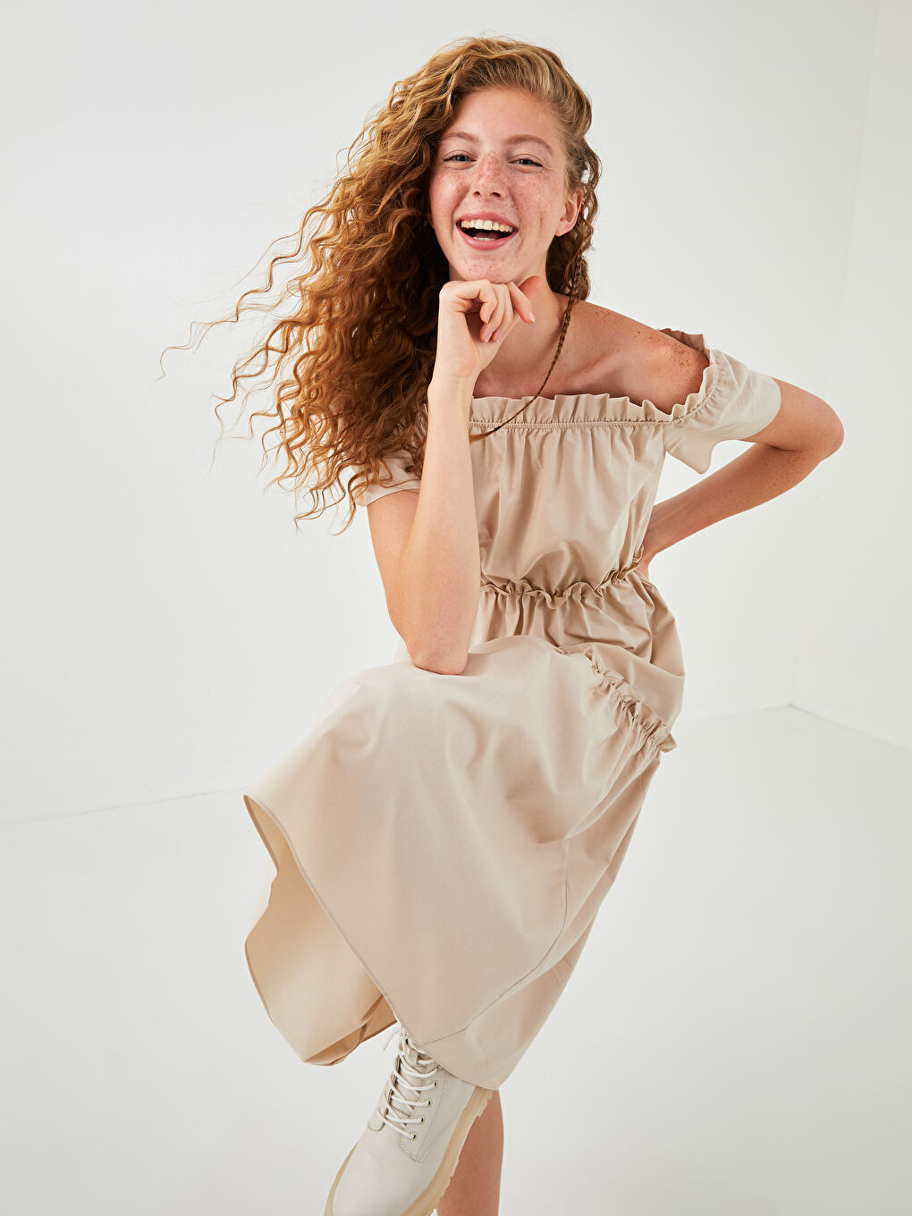 Boat Neck Ruffle Detailed Short Sleeve Women's Dress-2