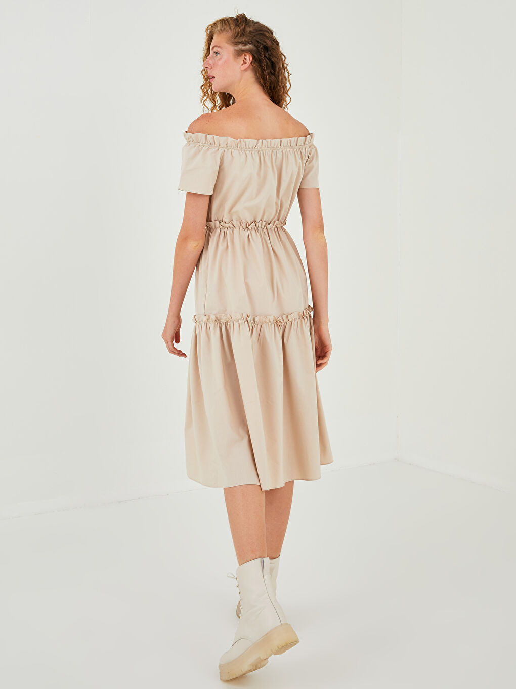 Boat Neck Ruffle Detailed Short Sleeve Women's Dress-4