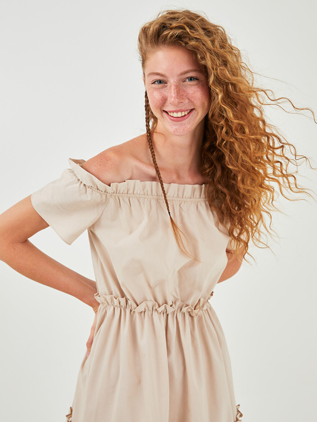 Boat Neck Ruffle Detailed Short Sleeve Women's Dress-5