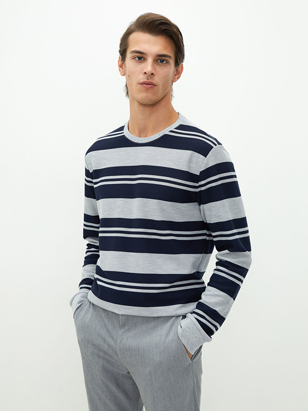 Crew Neck Long Sleeve Striped Men's T-Shirt-1