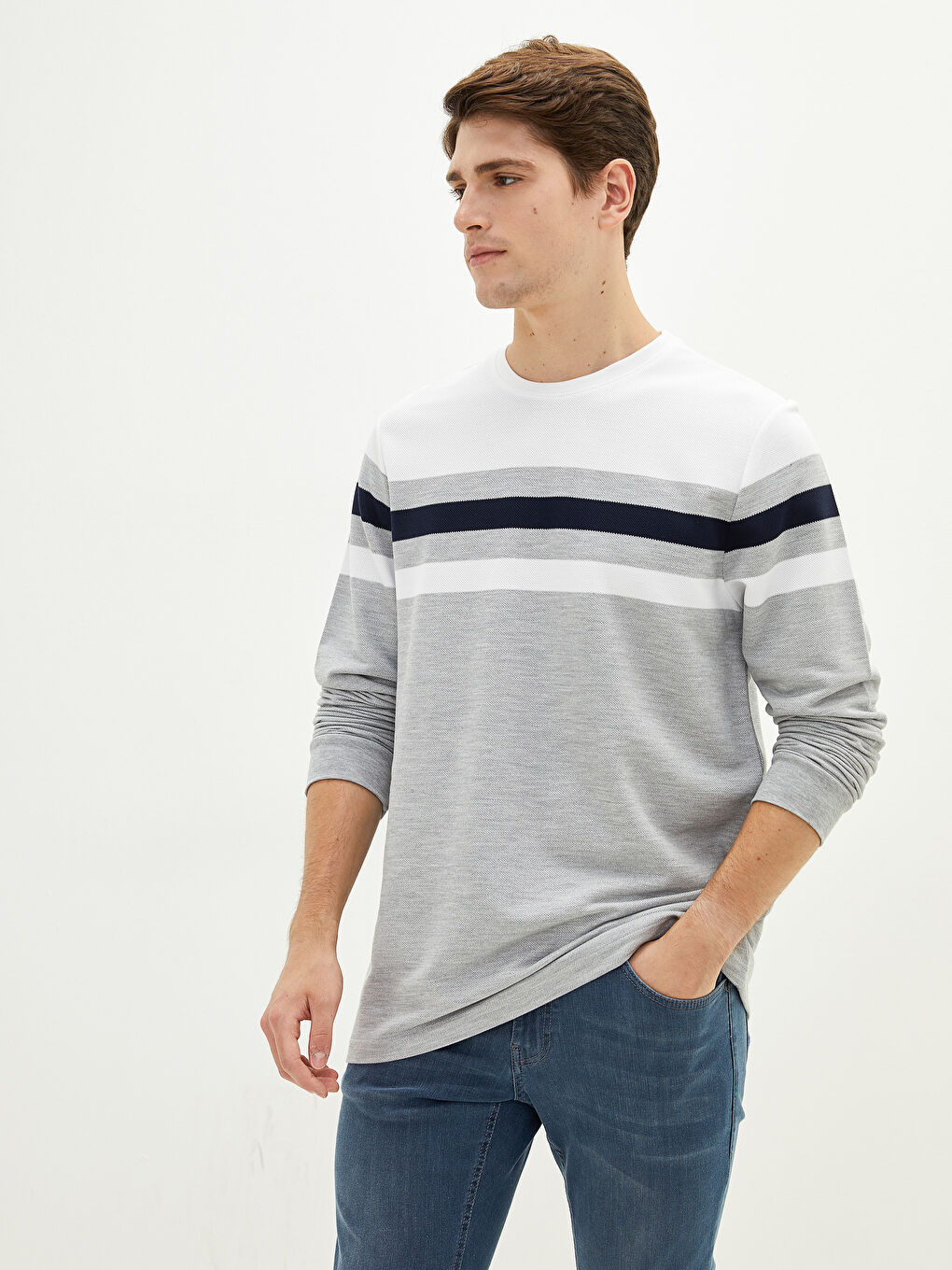 Gri Bisiklet Yaka Uzun Kollu Çizgili Erkek Sweatshirt