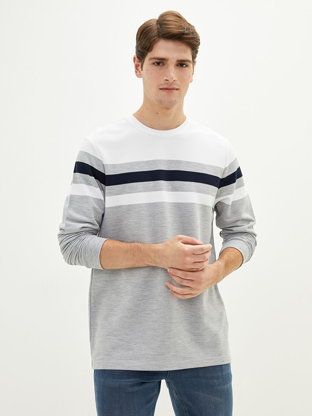 Gri Bisiklet Yaka Uzun Kollu Çizgili Erkek Sweatshirt-1
