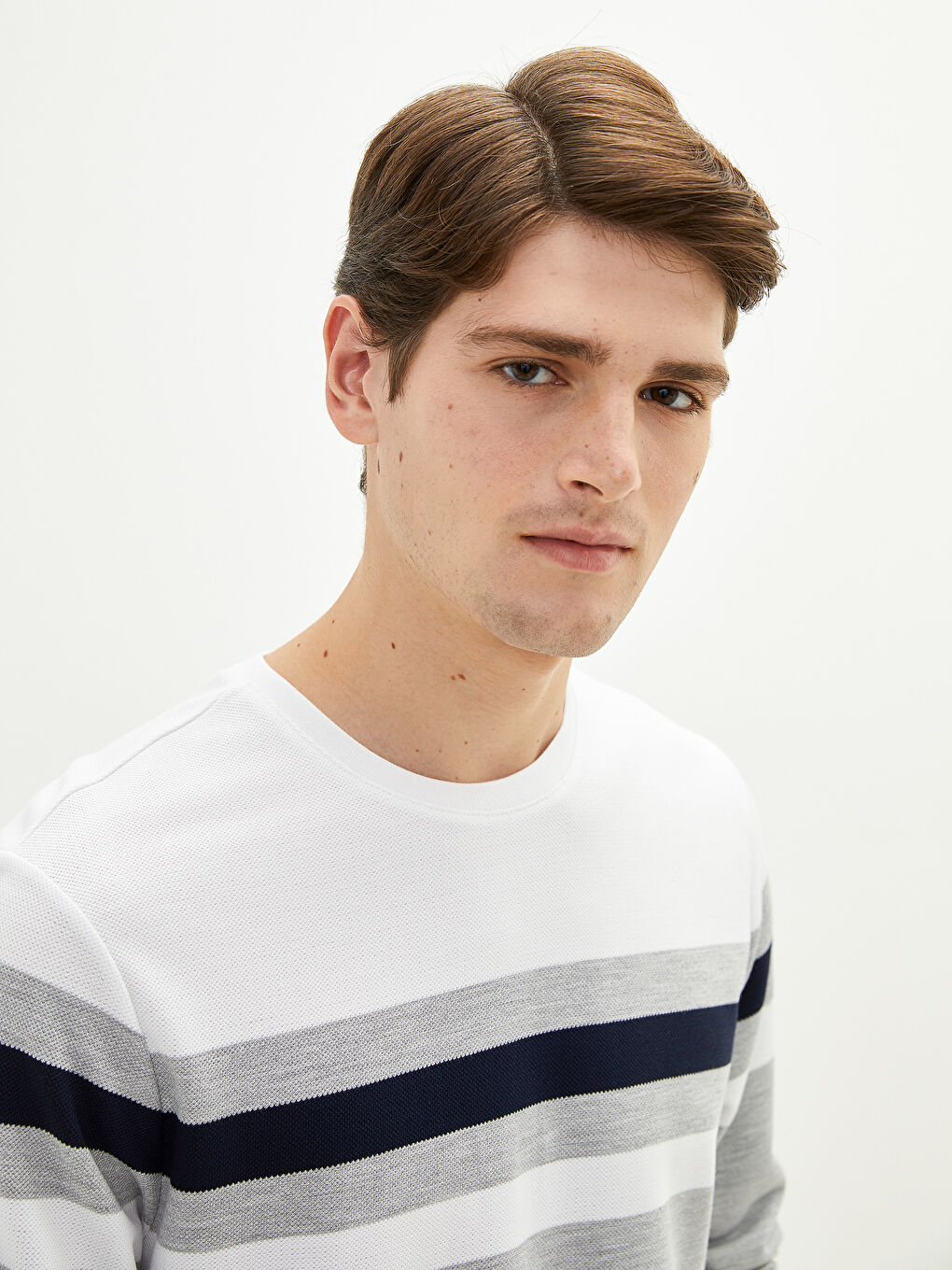 Gri Bisiklet Yaka Uzun Kollu Çizgili Erkek Sweatshirt-3
