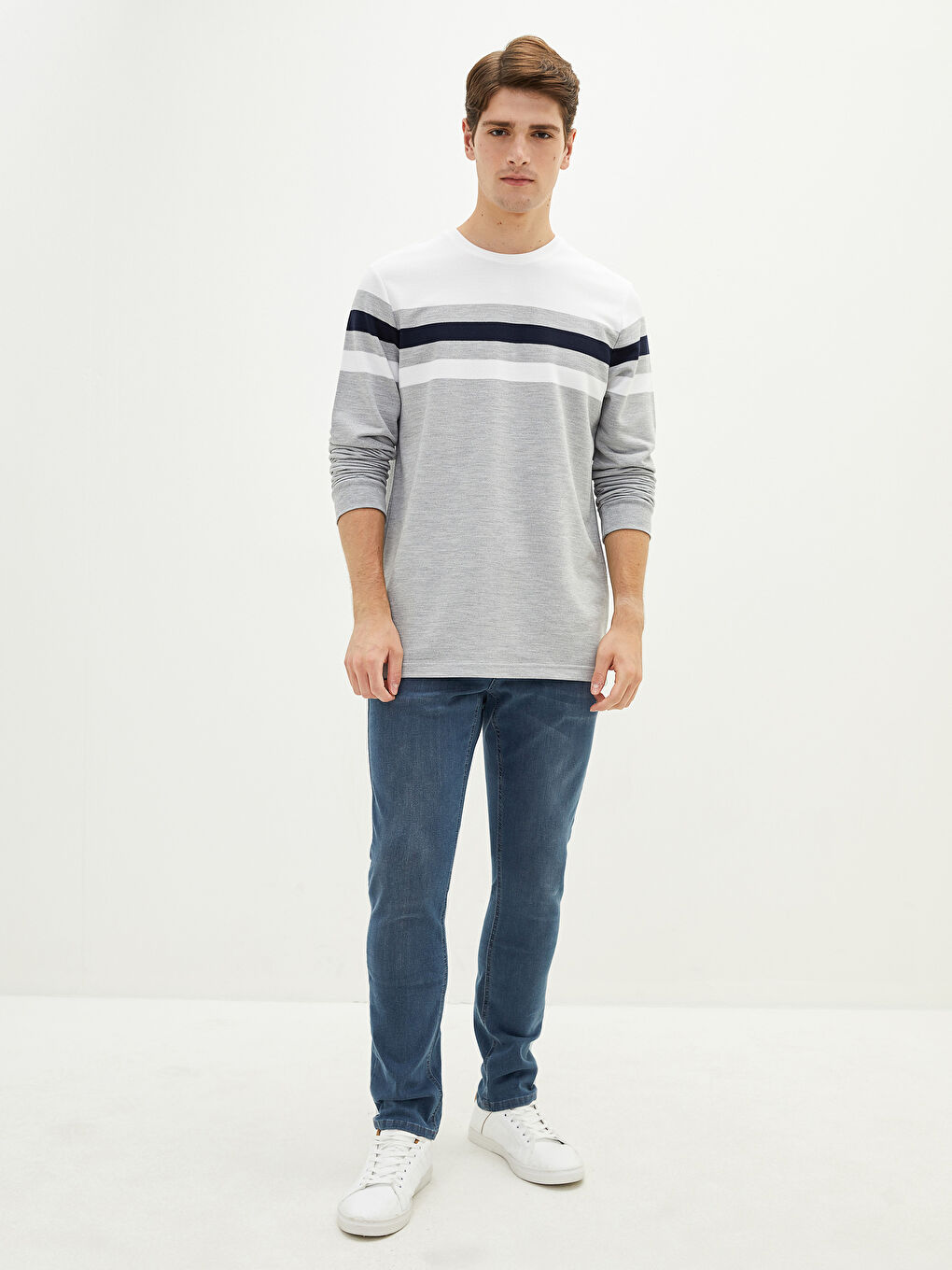 Gri Bisiklet Yaka Uzun Kollu Çizgili Erkek Sweatshirt-4