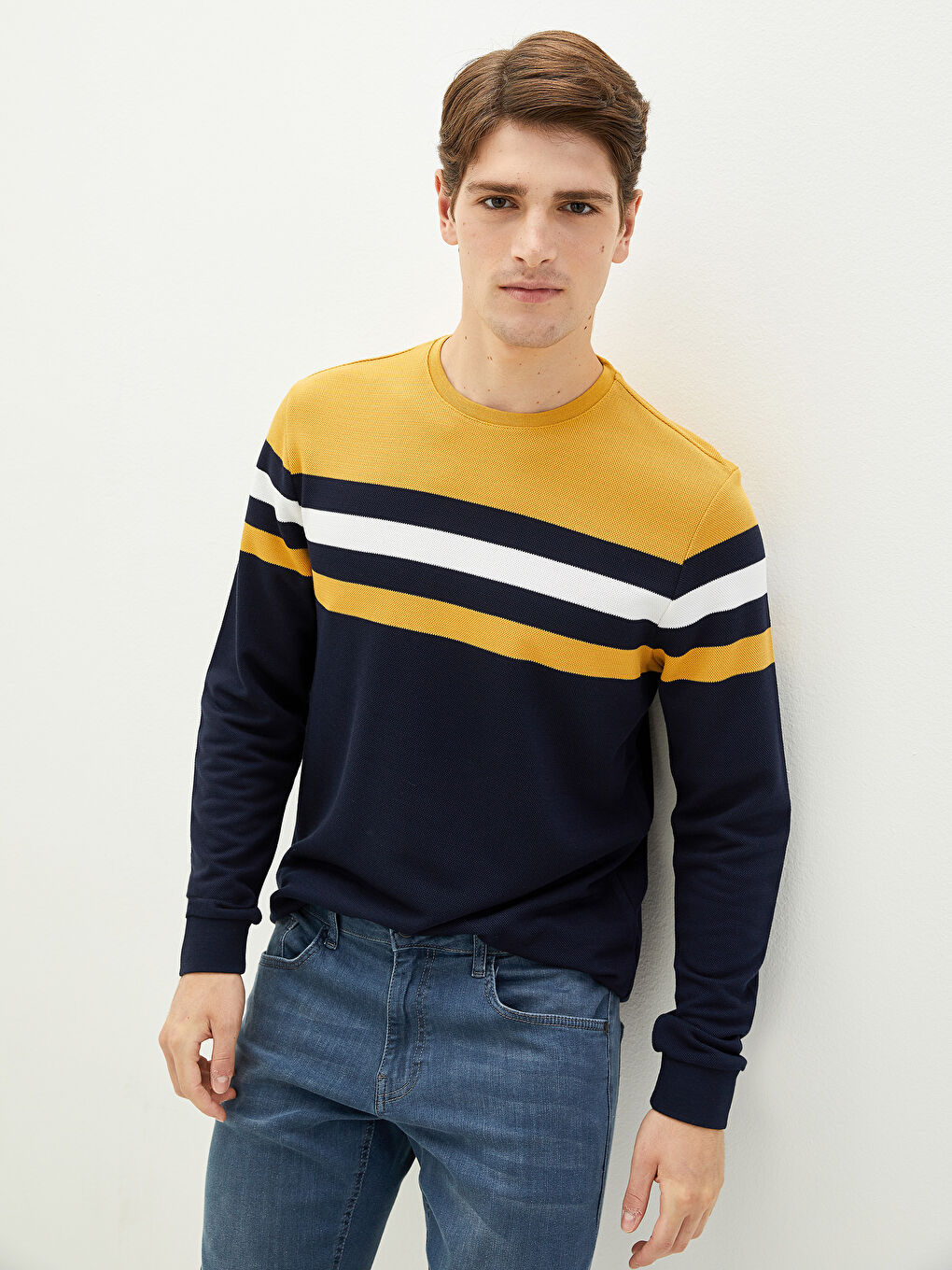 Sarı Bisiklet Yaka Uzun Kollu Çizgili Erkek Sweatshirt