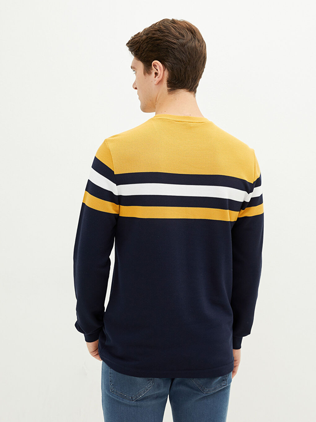 Sarı Bisiklet Yaka Uzun Kollu Çizgili Erkek Sweatshirt-3