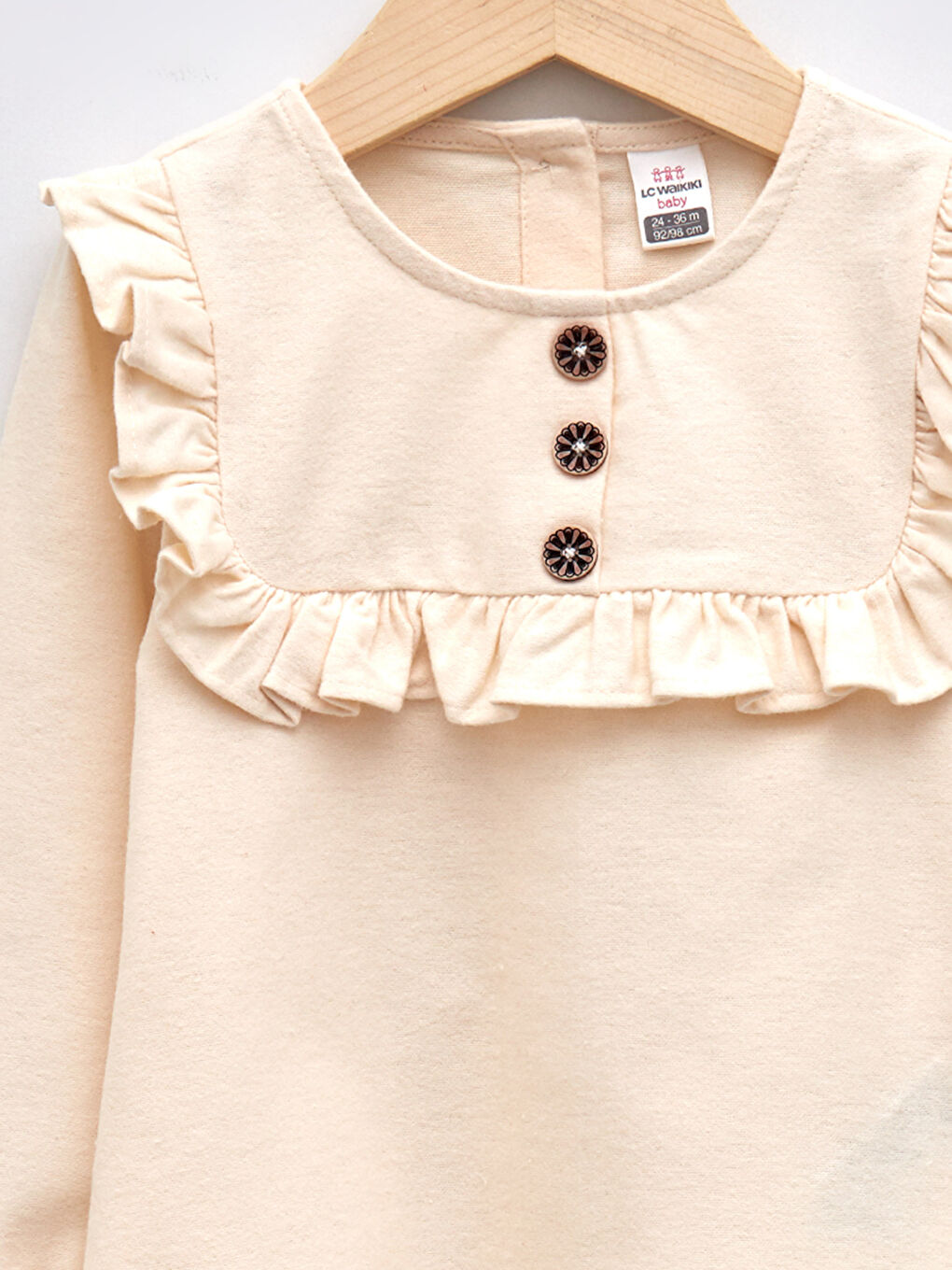 Ekru Bisiklet Yaka Uzun Kollu Pamuklu Kız Bebek Bluz-4