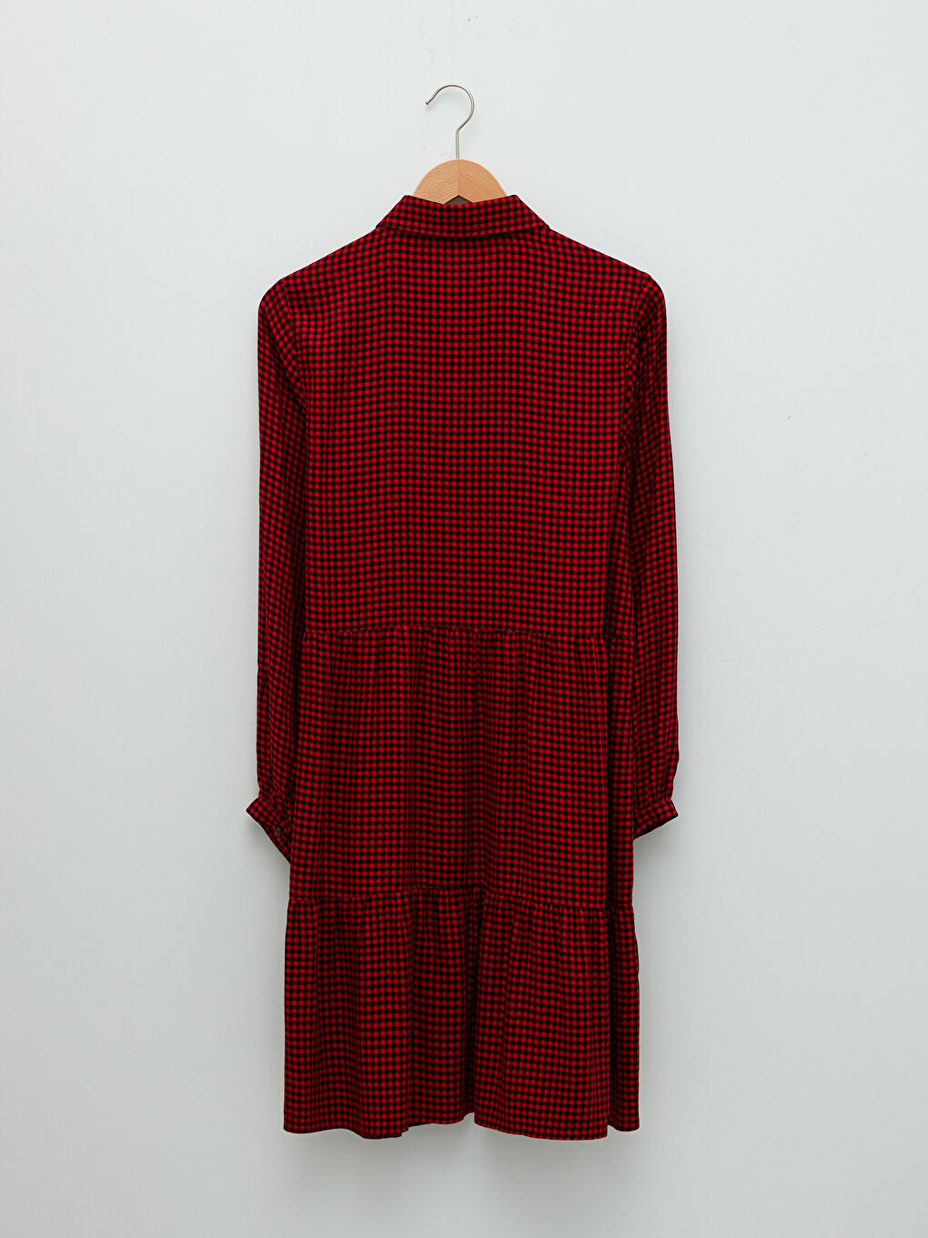 Kırmızı Gömlek Yaka Ekose Uzun Kollu Viskon Kadın Elbise-6