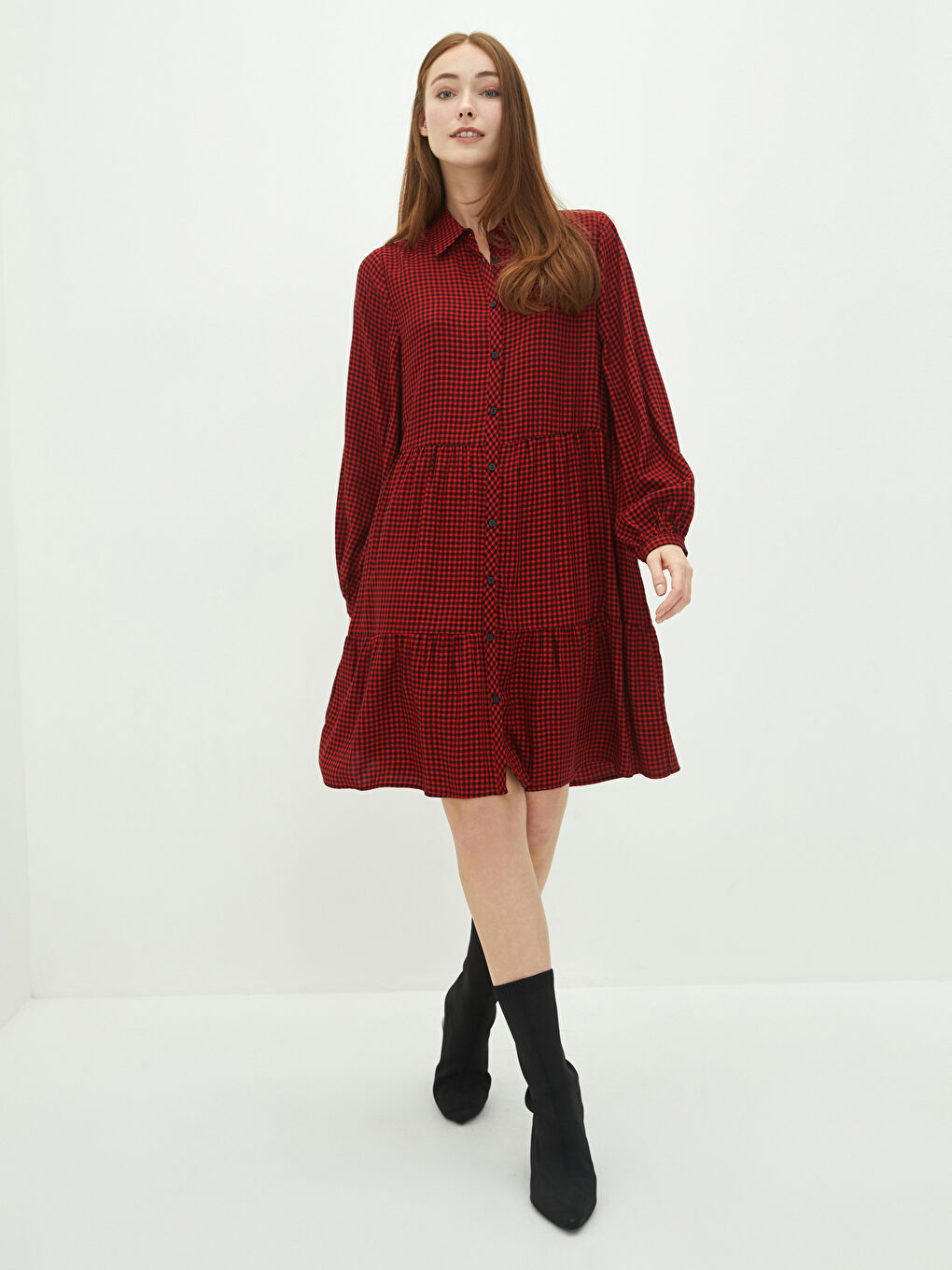 Kırmızı Gömlek Yaka Ekose Uzun Kollu Viskon Kadın Elbise-1
