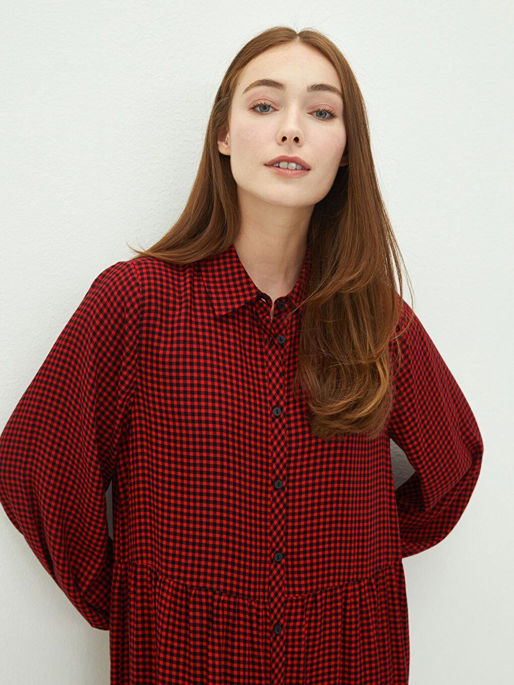 Kırmızı Gömlek Yaka Ekose Uzun Kollu Viskon Kadın Elbise-2