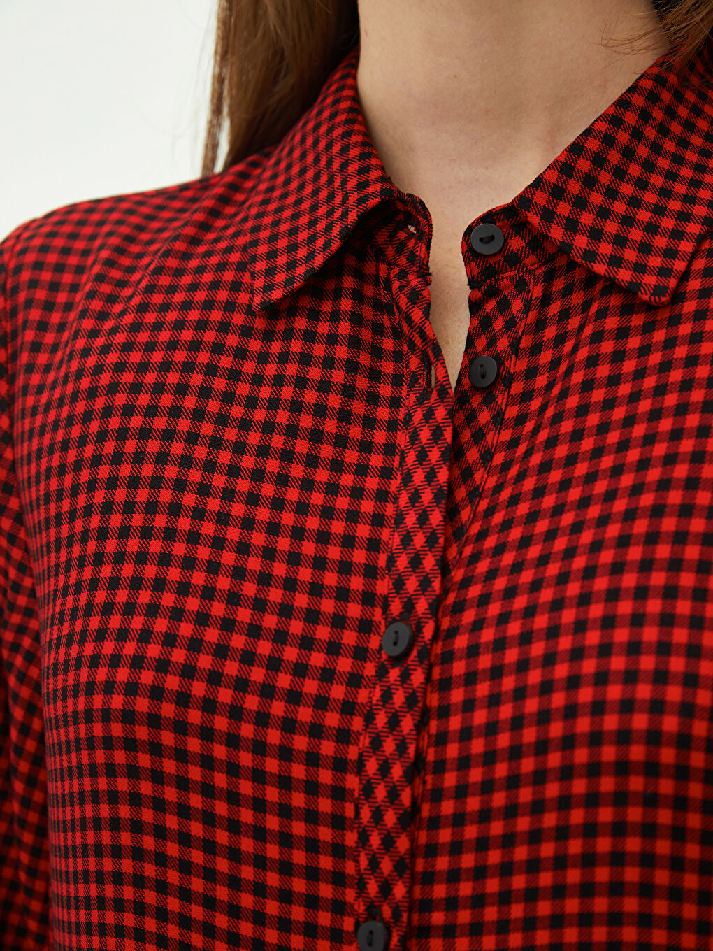 Kırmızı Gömlek Yaka Ekose Uzun Kollu Viskon Kadın Elbise-3