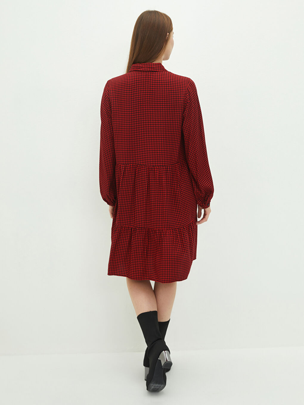 Kırmızı Gömlek Yaka Ekose Uzun Kollu Viskon Kadın Elbise-4